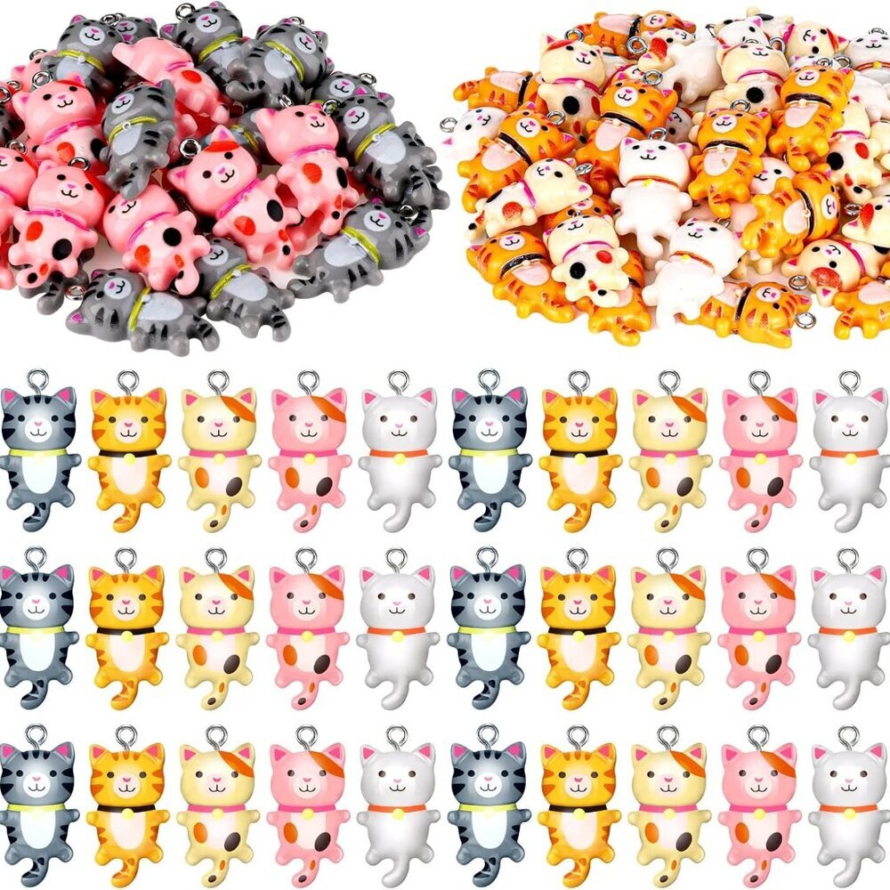80 Pieces Cat Charms for Jewelry Making Resin Cat Pendant Charms Mixed Color Cut